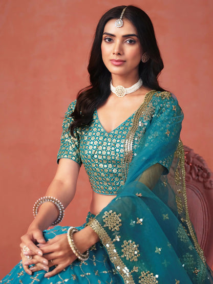 Charming Teal Blue Sequins Work Georgette Lehenga Choli - Zeel Clothing