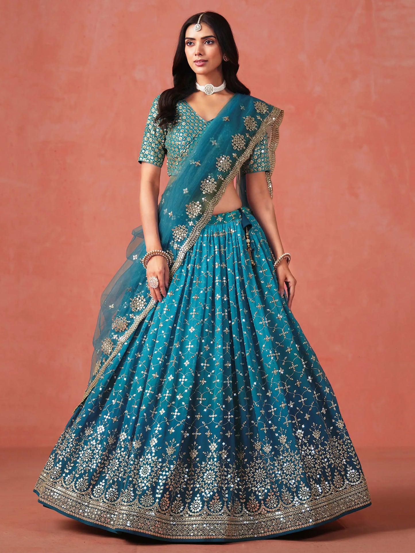 Charming Teal Blue Sequins Work Georgette Lehenga Choli - Zeel Clothing