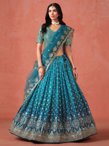 Charming Teal Blue Sequins Work Georgette Lehenga Choli - Zeel Clothing
