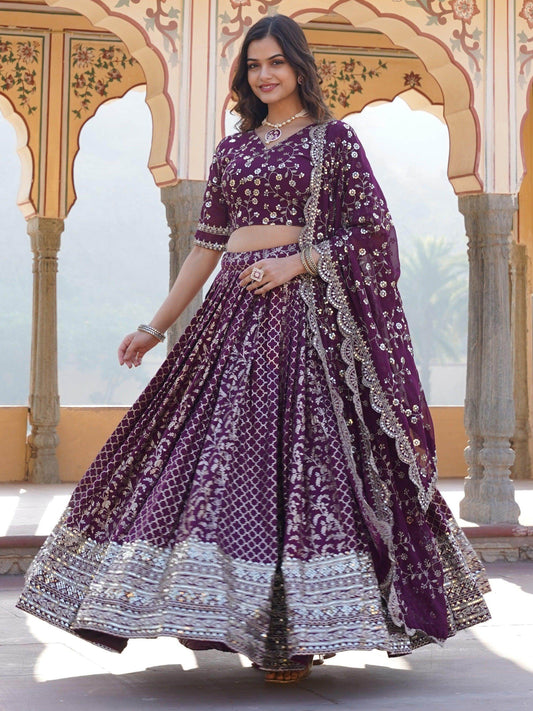 Charming Wine Sequins Jacquard Engagement Wear Lehenga Choli - Zeel Clothing