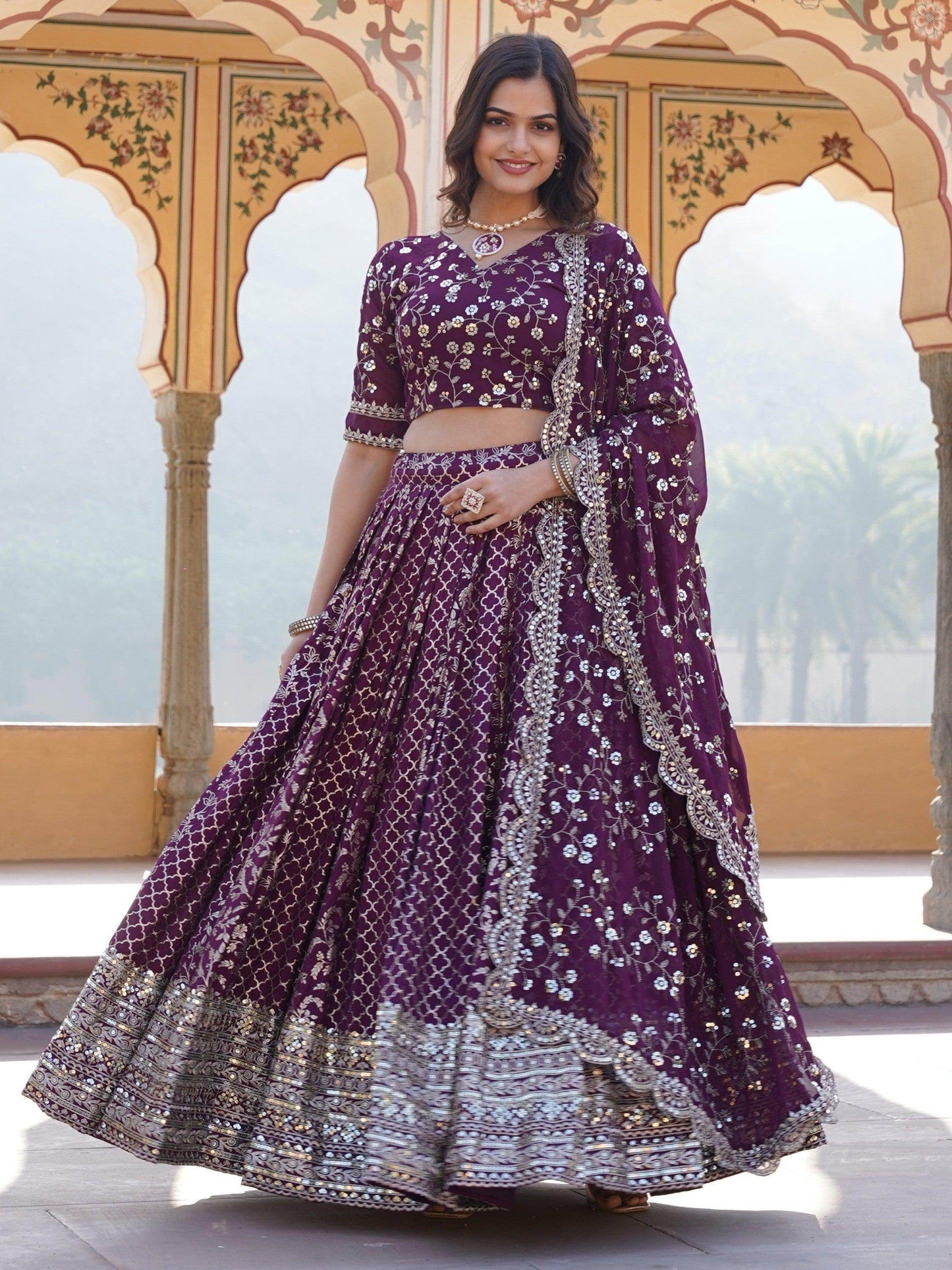 Charming Wine Sequins Jacquard Engagement Wear Lehenga Choli - Zeel Clothing
