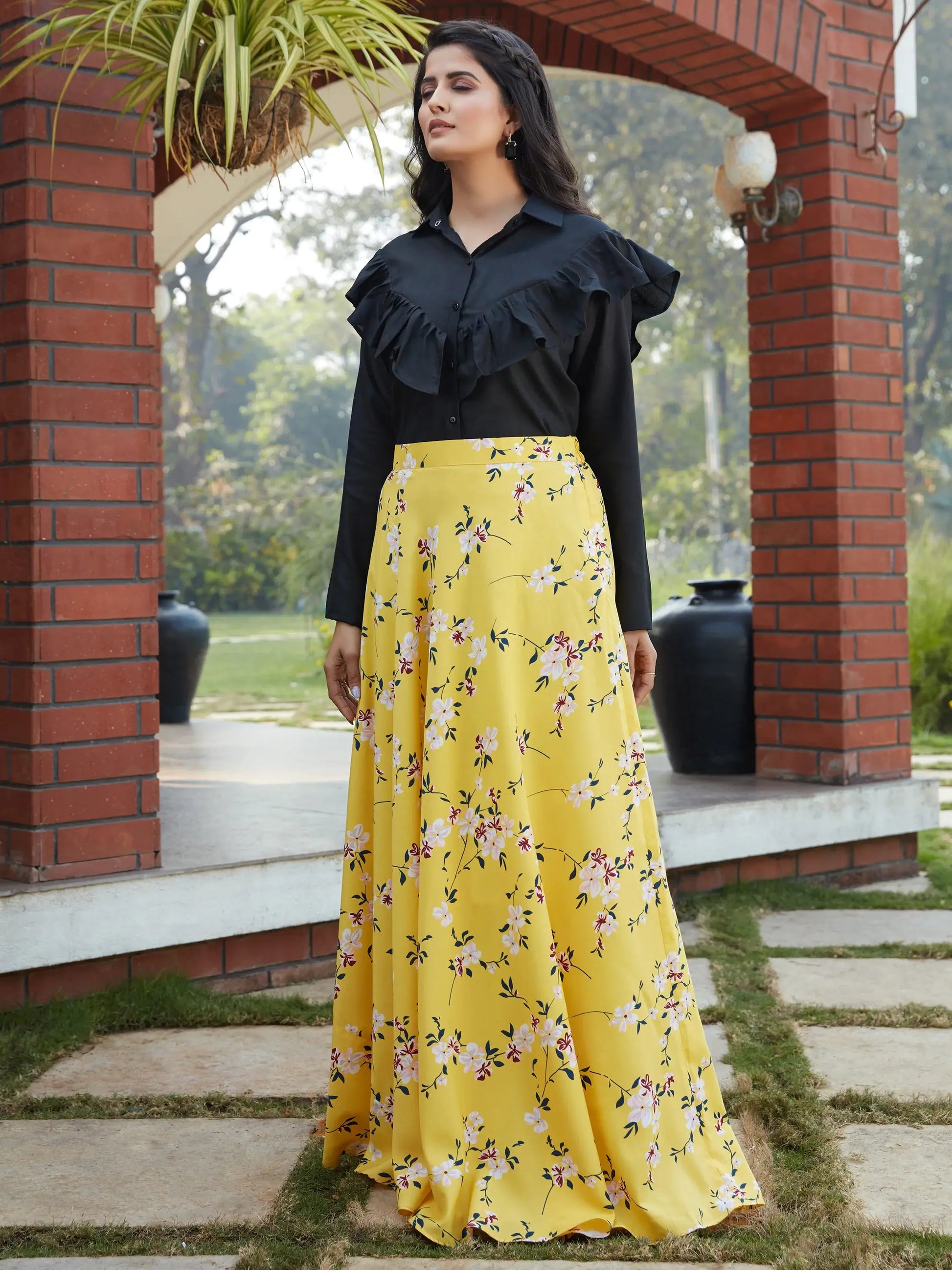 Charming Yellow Floral Printed Crepe Party Wear Crop Top Lehenga - Zeel Clothing