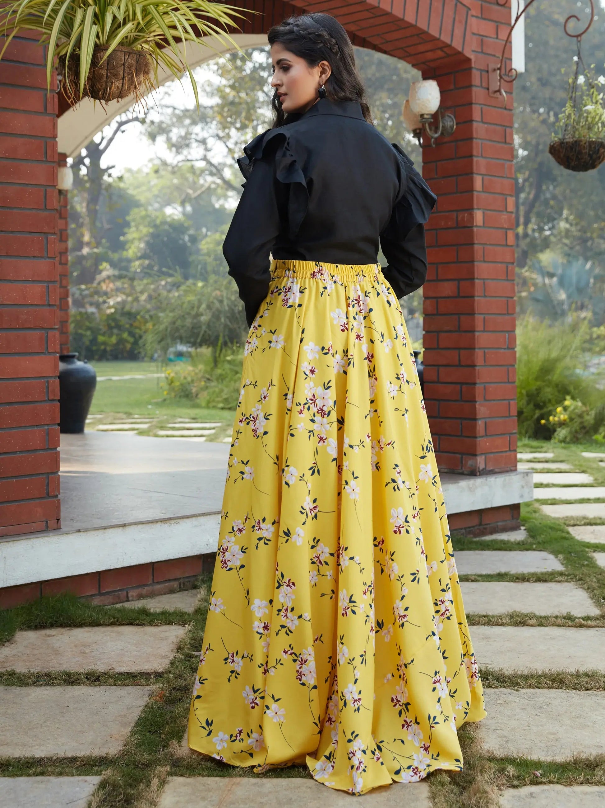 Charming Yellow Floral Printed Crepe Party Wear Crop Top Lehenga - Zeel Clothing