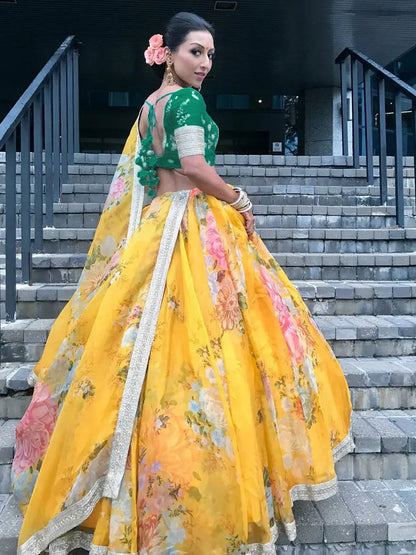 Charming Yellow Floral Printed Organza Wedding Wear Lehenga Choli - Zeel Clothing