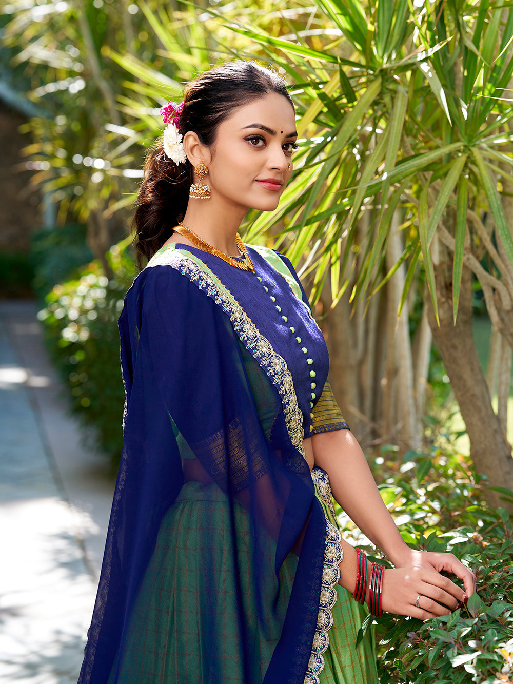 Pista Color Zari Weaving Work With Chex Lehenga Choli