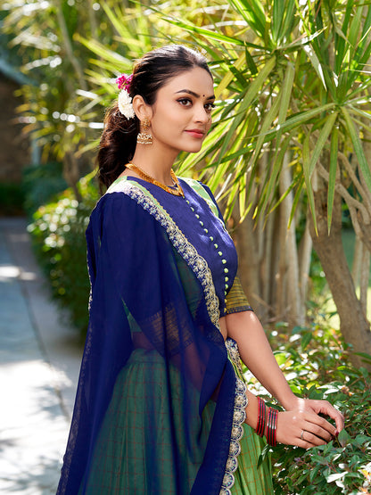 Pista Color Zari Weaving Work With Chex Lehenga Choli