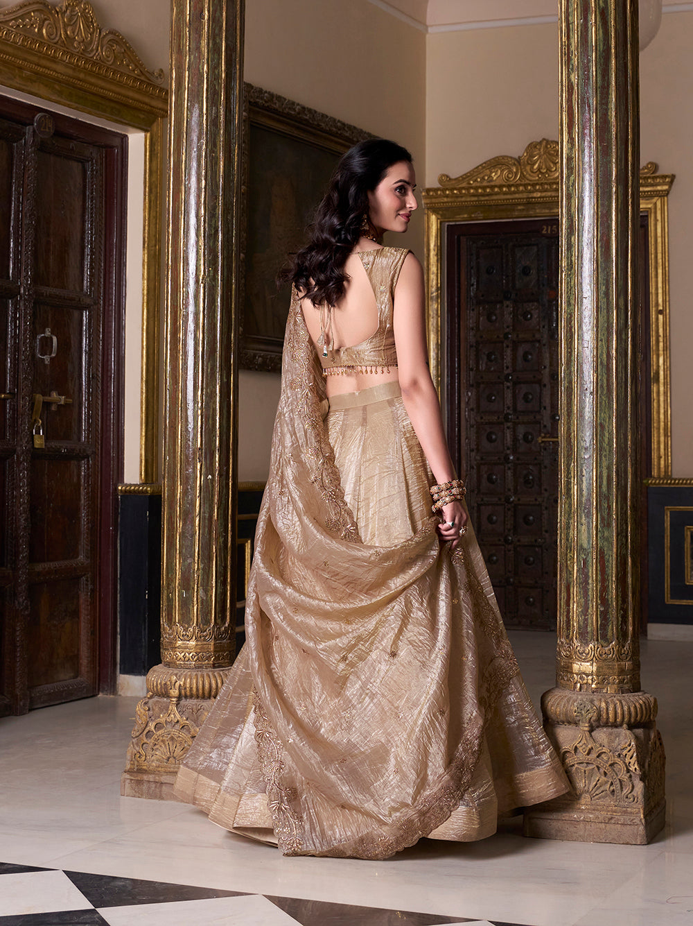 Chiku Color Sequins And Embroidery Work With Gold Crush Lehenga Choli