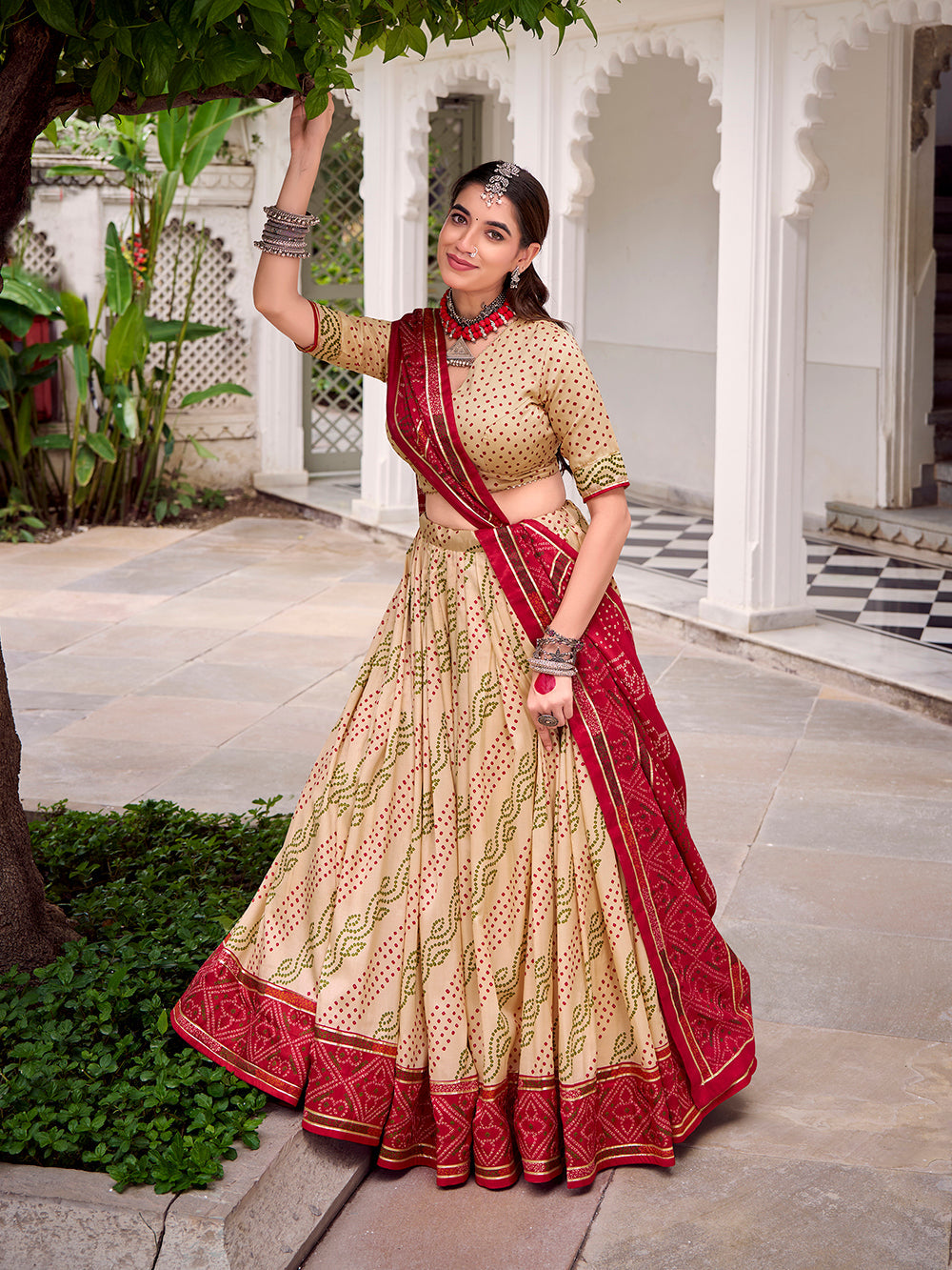 Off White Color Bandhej Print With Gotta Patti Lace Tasar Silk Lehenga Choli