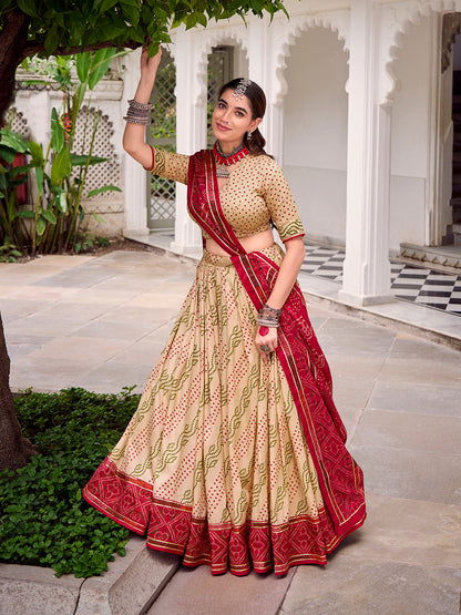 Off White Color Bandhej Print With Gotta Patti Lace Tasar Silk Lehenga Choli