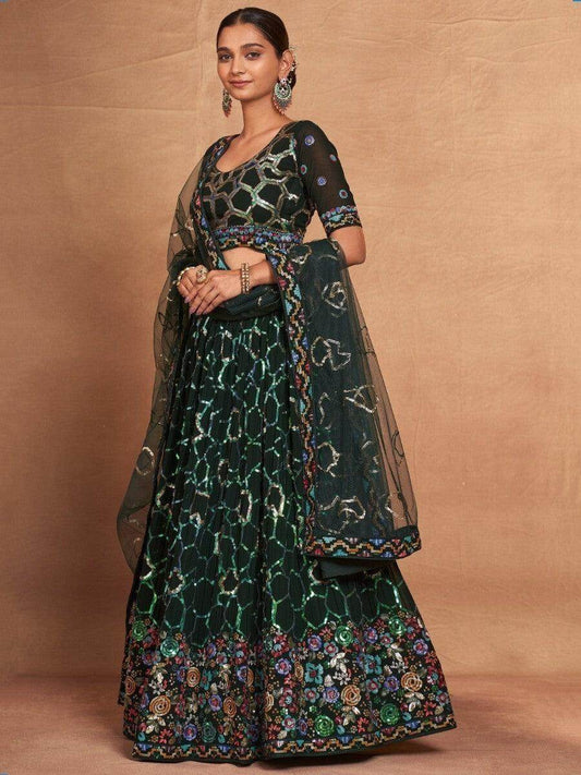Classic Green Sequins Georgette Sangeet Wear Lehenga Choli - Zeel Clothing
