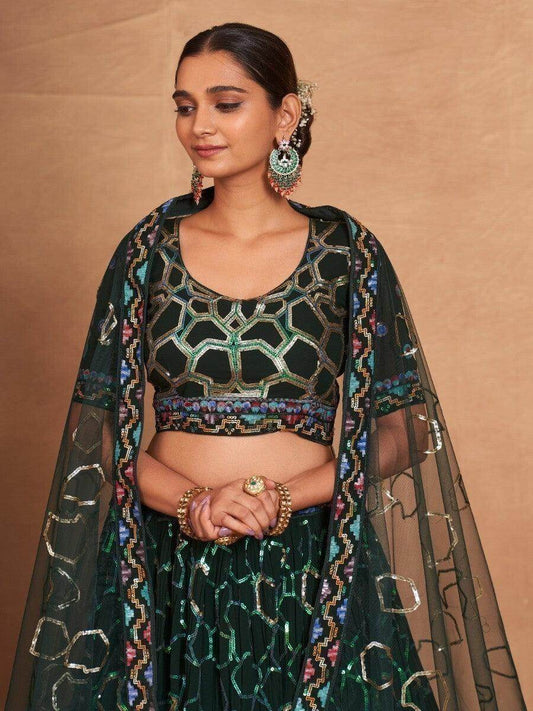 Classic Green Sequins Georgette Sangeet Wear Lehenga Choli - Zeel Clothing