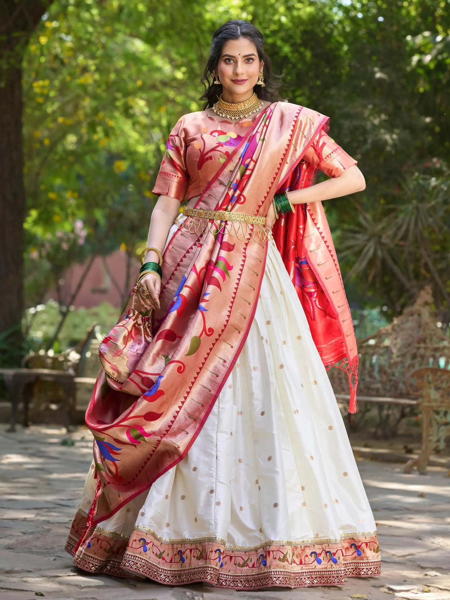 Classic White Zari Weaving Paithani Silk Lehenga Choli With Dupatta - Zeel Clothing