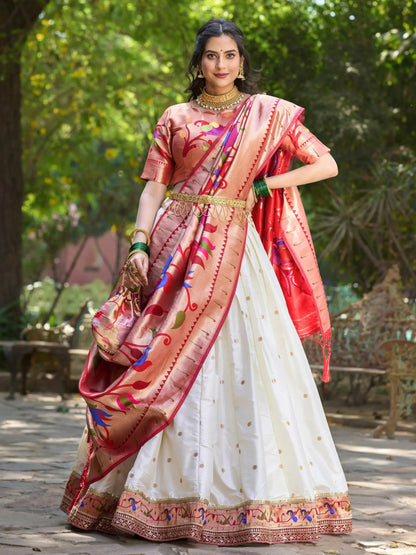 Classic White Zari Weaving Paithani Silk Lehenga Choli With Dupatta - Zeel Clothing