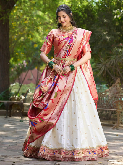 Classic White Zari Weaving Paithani Silk Lehenga Choli With Dupatta - Zeel Clothing
