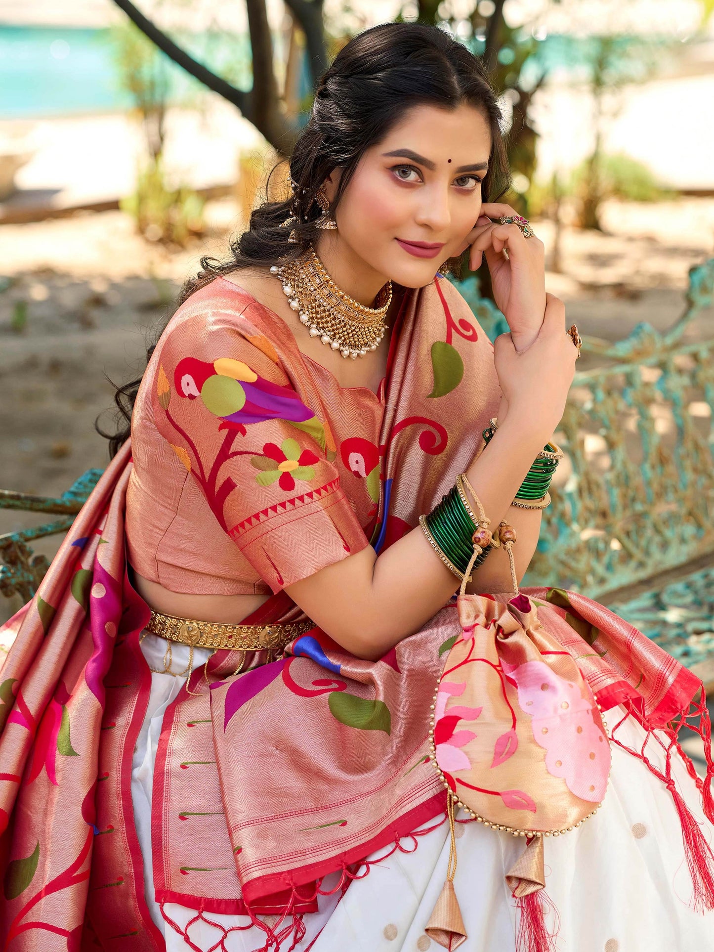 Classic White Zari Weaving Paithani Silk Lehenga Choli With Dupatta - Zeel Clothing