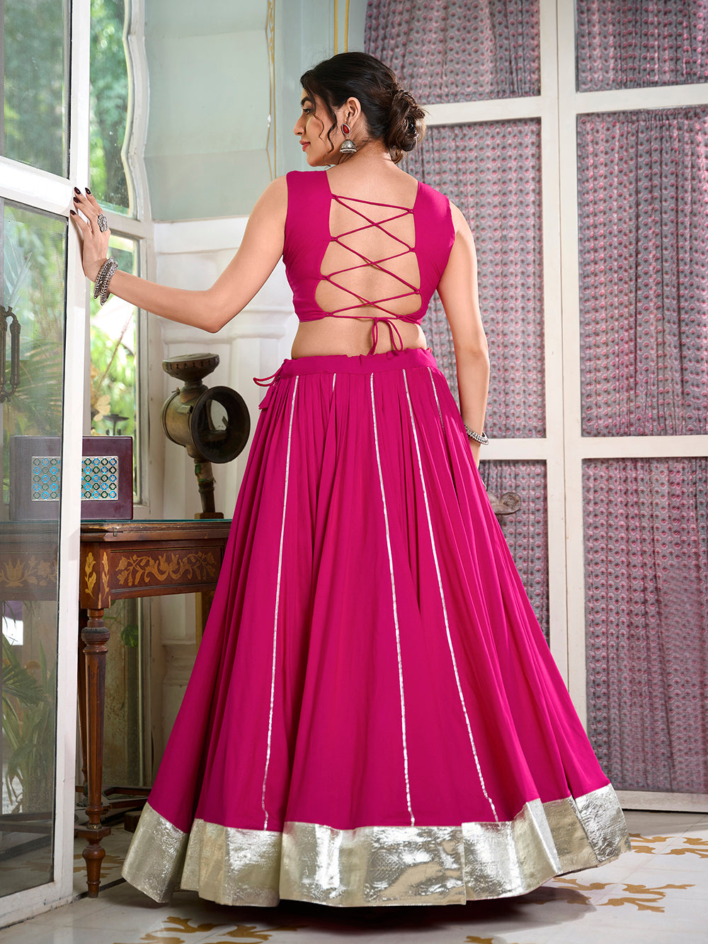 Pink Color Plain And Gamthi Work Rayon Co-ord Set Traditional Wear Choli
