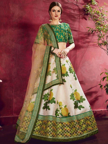 Cream-Green Floral Print Banglori Silk Wedding Wear Lehenga Choli - Zeel Clothing
