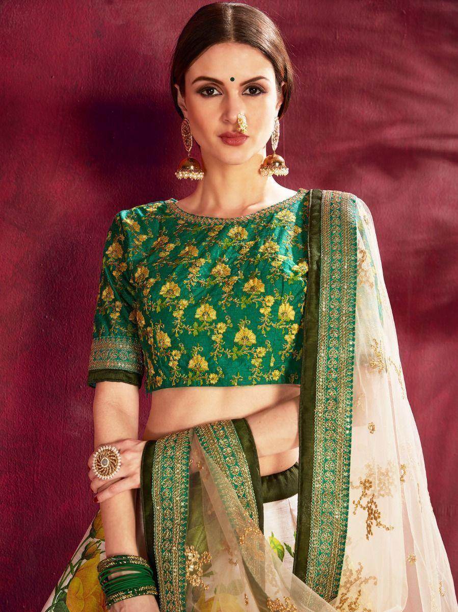 Cream-Green Floral Print Banglori Silk Wedding Wear Lehenga Choli - Zeel Clothing