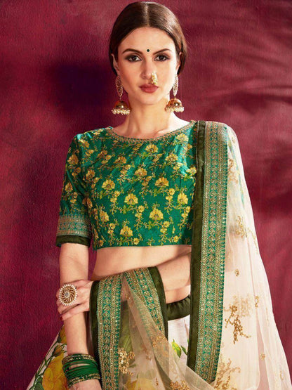 Cream-Green Floral Print Banglori Silk Wedding Wear Lehenga Choli - Zeel Clothing