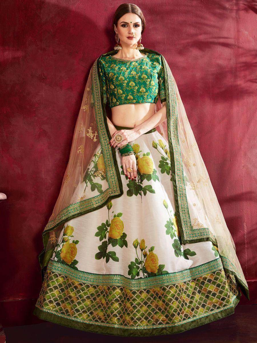 Cream-Green Floral Print Banglori Silk Wedding Wear Lehenga Choli - Zeel Clothing