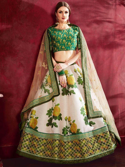 Cream-Green Floral Print Banglori Silk Wedding Wear Lehenga Choli - Zeel Clothing