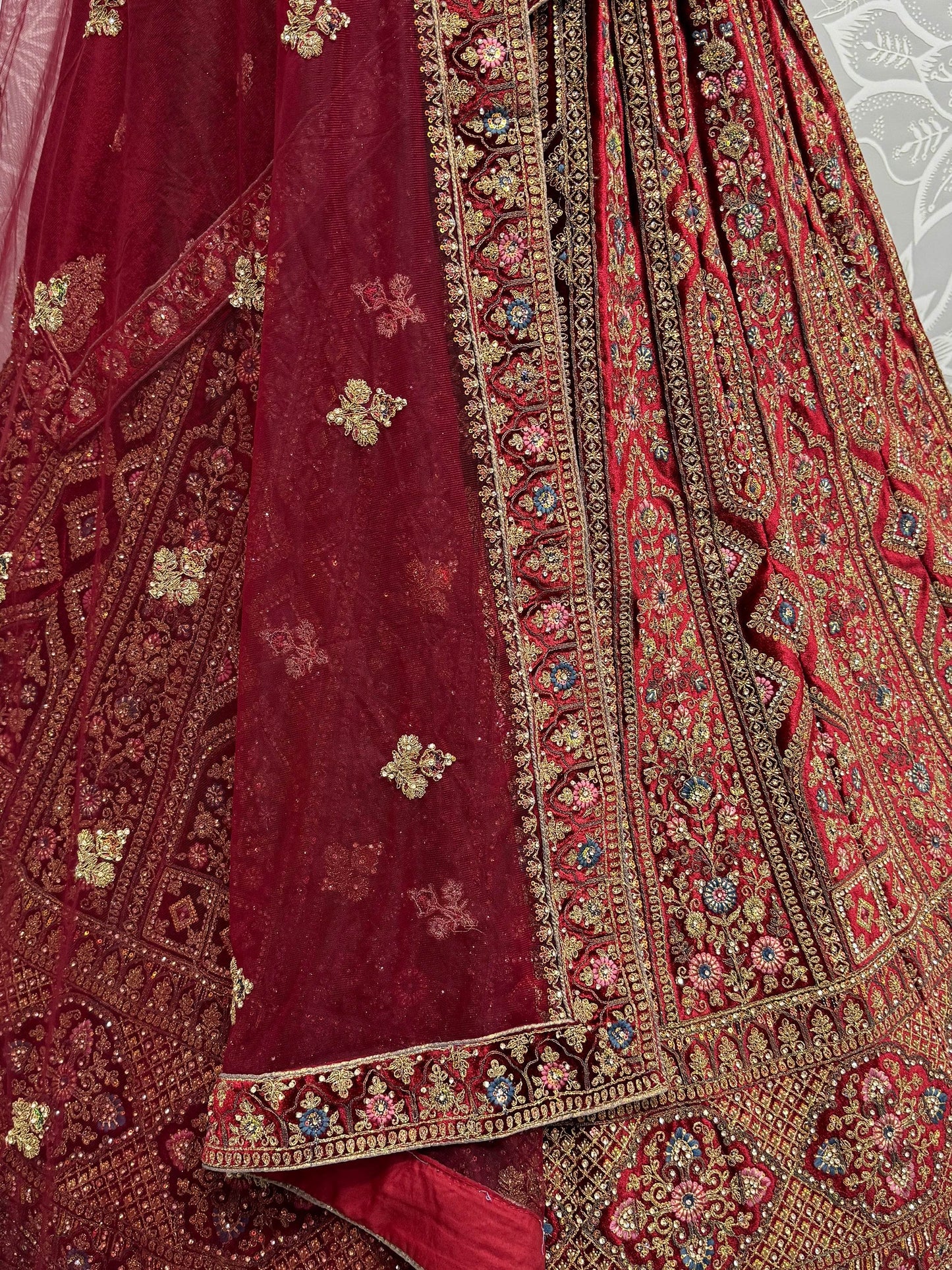 Cute Maroon Dori Work Velvet Bridal Lehenga Choli With Double Dupatta - Zeel Clothing