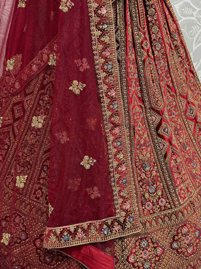 Cute Maroon Dori Work Velvet Bridal Lehenga Choli With Double Dupatta - Zeel Clothing