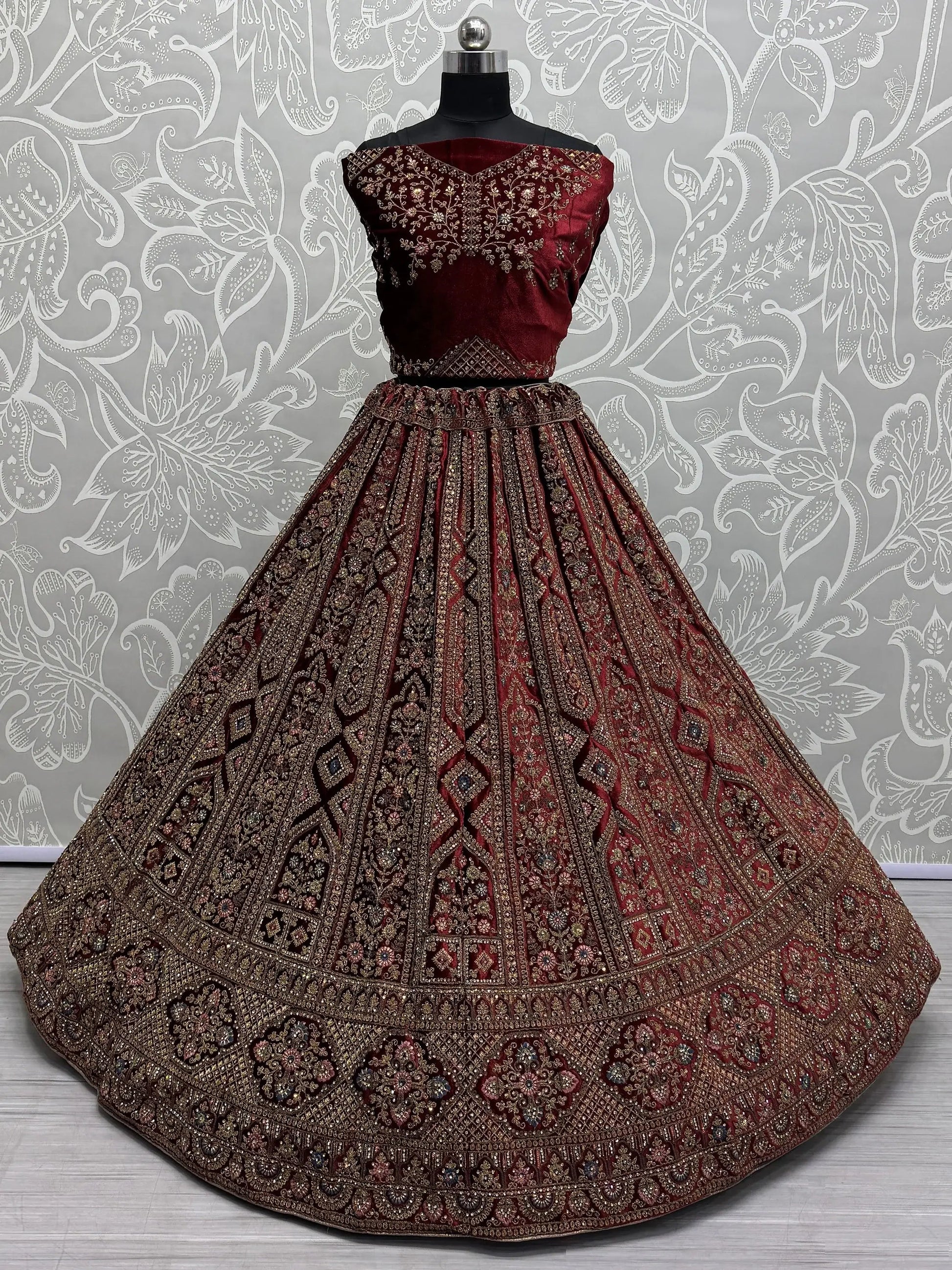Cute Maroon Dori Work Velvet Bridal Lehenga Choli With Double Dupatta - Zeel Clothing