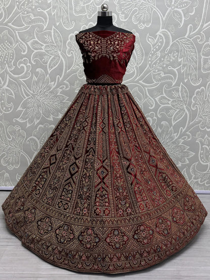 Cute Maroon Dori Work Velvet Bridal Lehenga Choli With Double Dupatta - Zeel Clothing