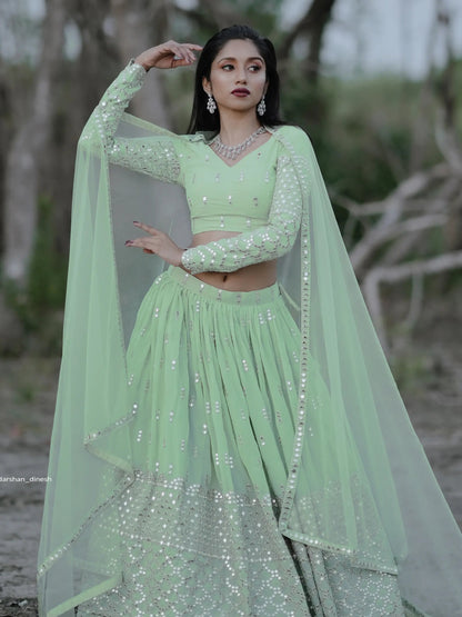 Cute Pastel Green Sequins Georgette Engagement Wear Lehenga Choli - Zeel Clothing
