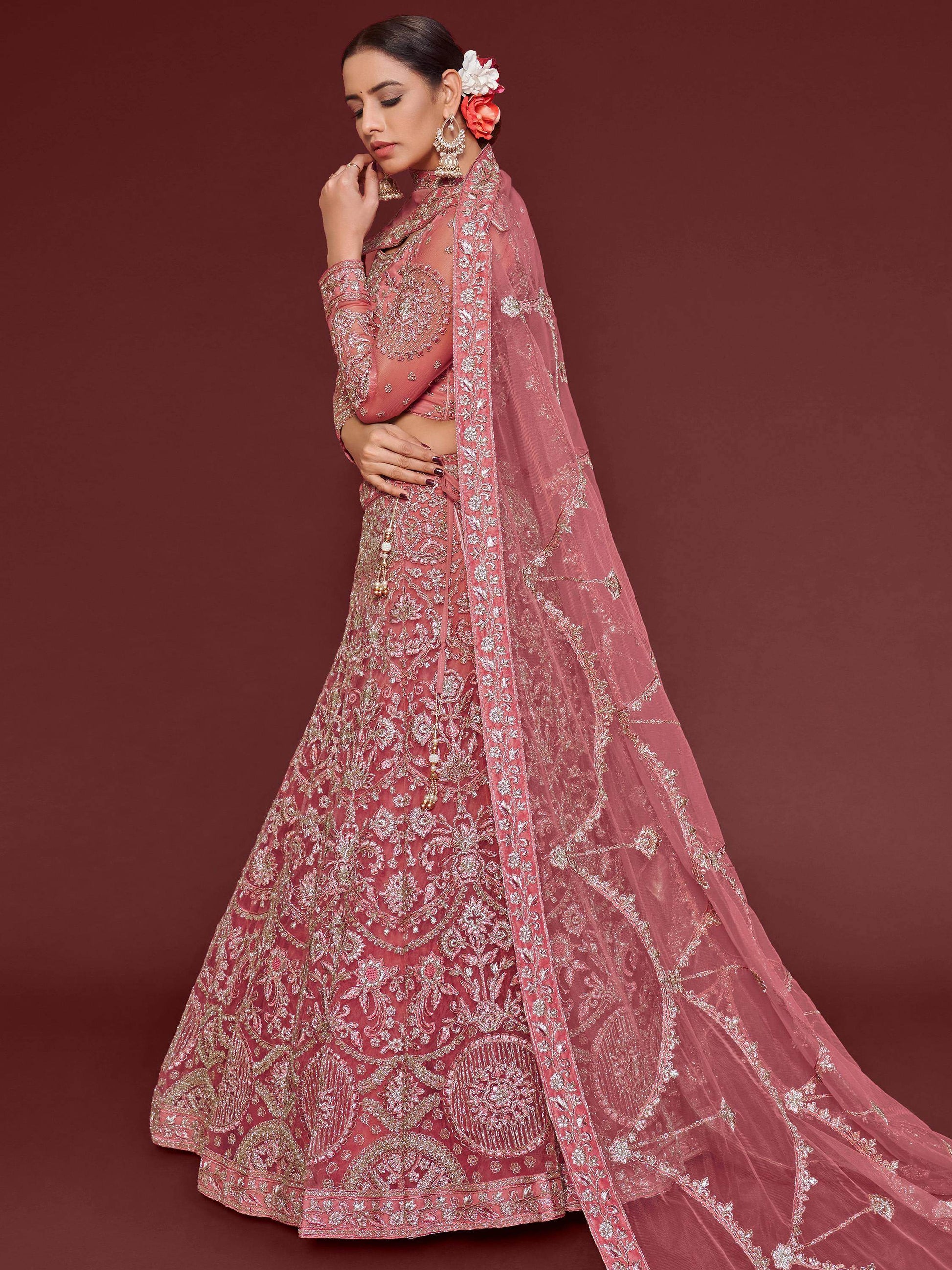 Cute Rose Pink Embroidered Soft Net Traditional Lehenga Choli - Zeel Clothing