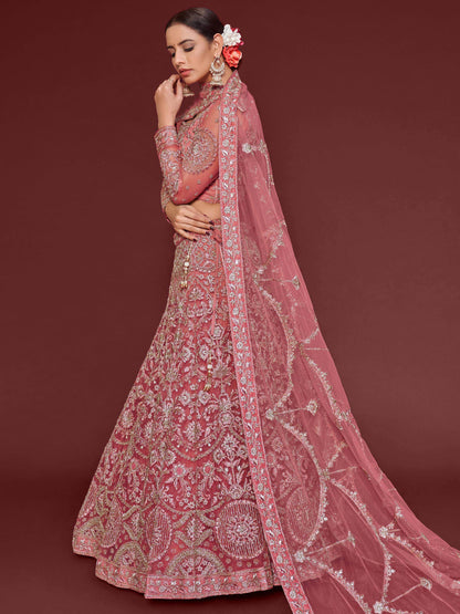 Cute Rose Pink Embroidered Soft Net Traditional Lehenga Choli - Zeel Clothing