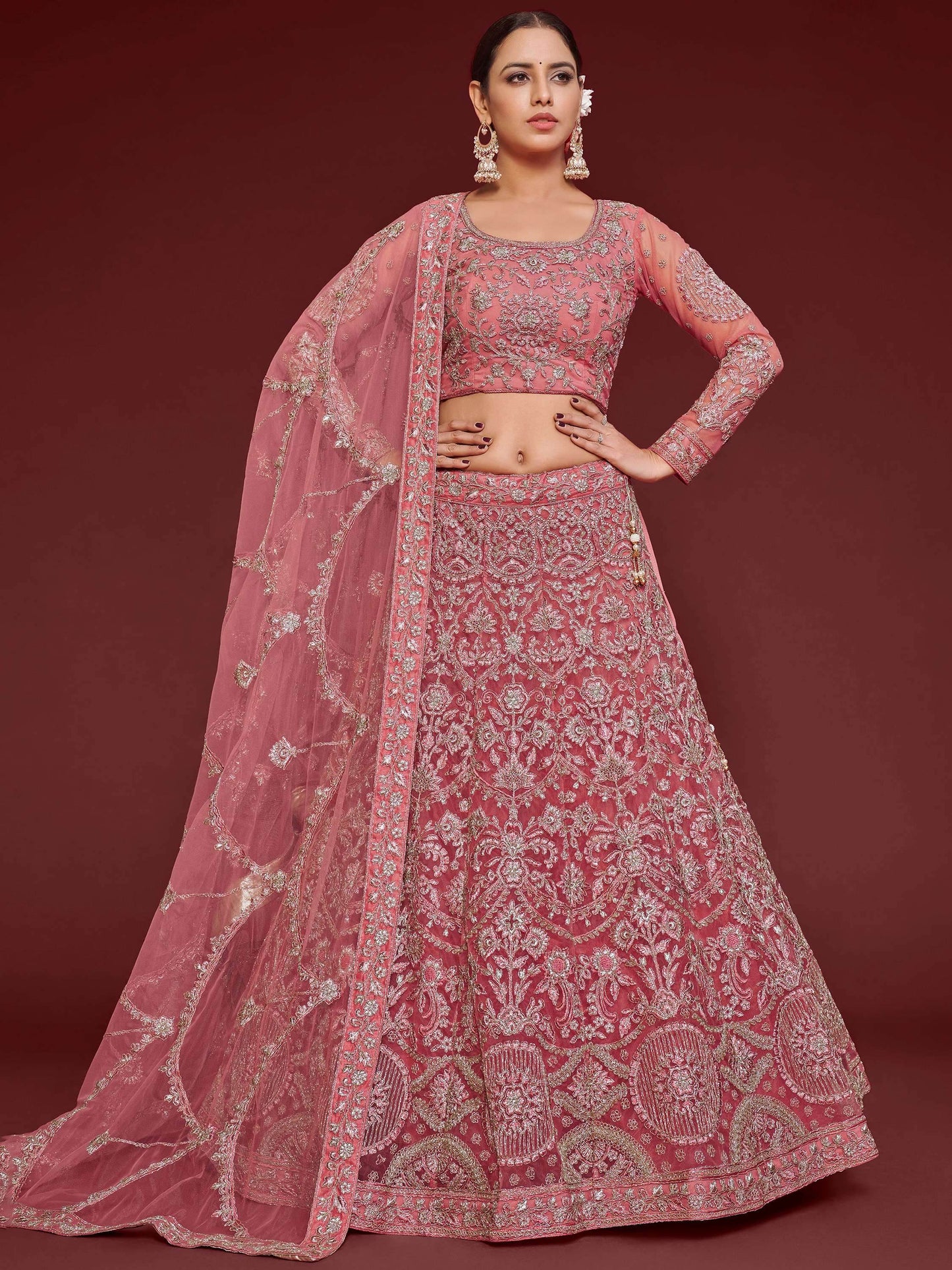 Cute Rose Pink Embroidered Soft Net Traditional Lehenga Choli - Zeel Clothing