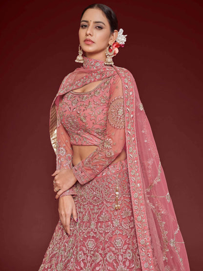 Cute Rose Pink Embroidered Soft Net Traditional Lehenga Choli - Zeel Clothing