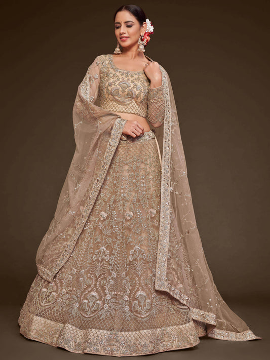 Cute Royal Beige Embroidered Soft Net Engagement Wear Lehenga Choli - Zeel Clothing