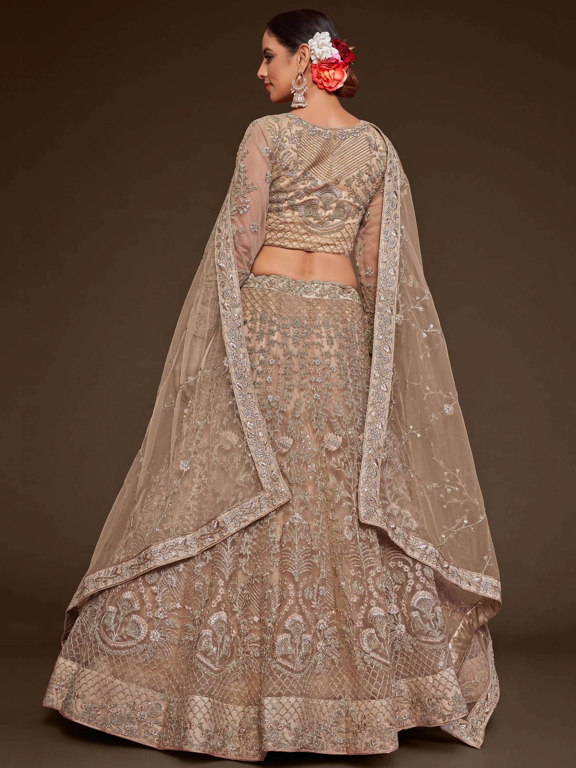 Cute Royal Beige Embroidered Soft Net Engagement Wear Lehenga Choli - Zeel Clothing