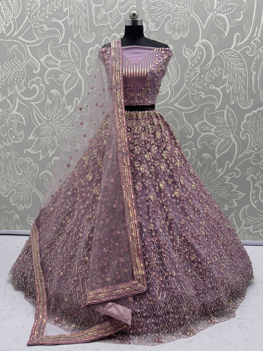 Excellent Mauve Zari Embroidery Net Reception Lehenga Choli With Dupatta