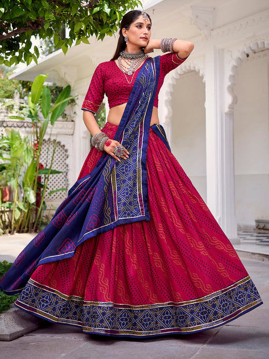 Pink Color Bandhej Print With Gotta Patti Lace Tasar Silk Lehenga Choli