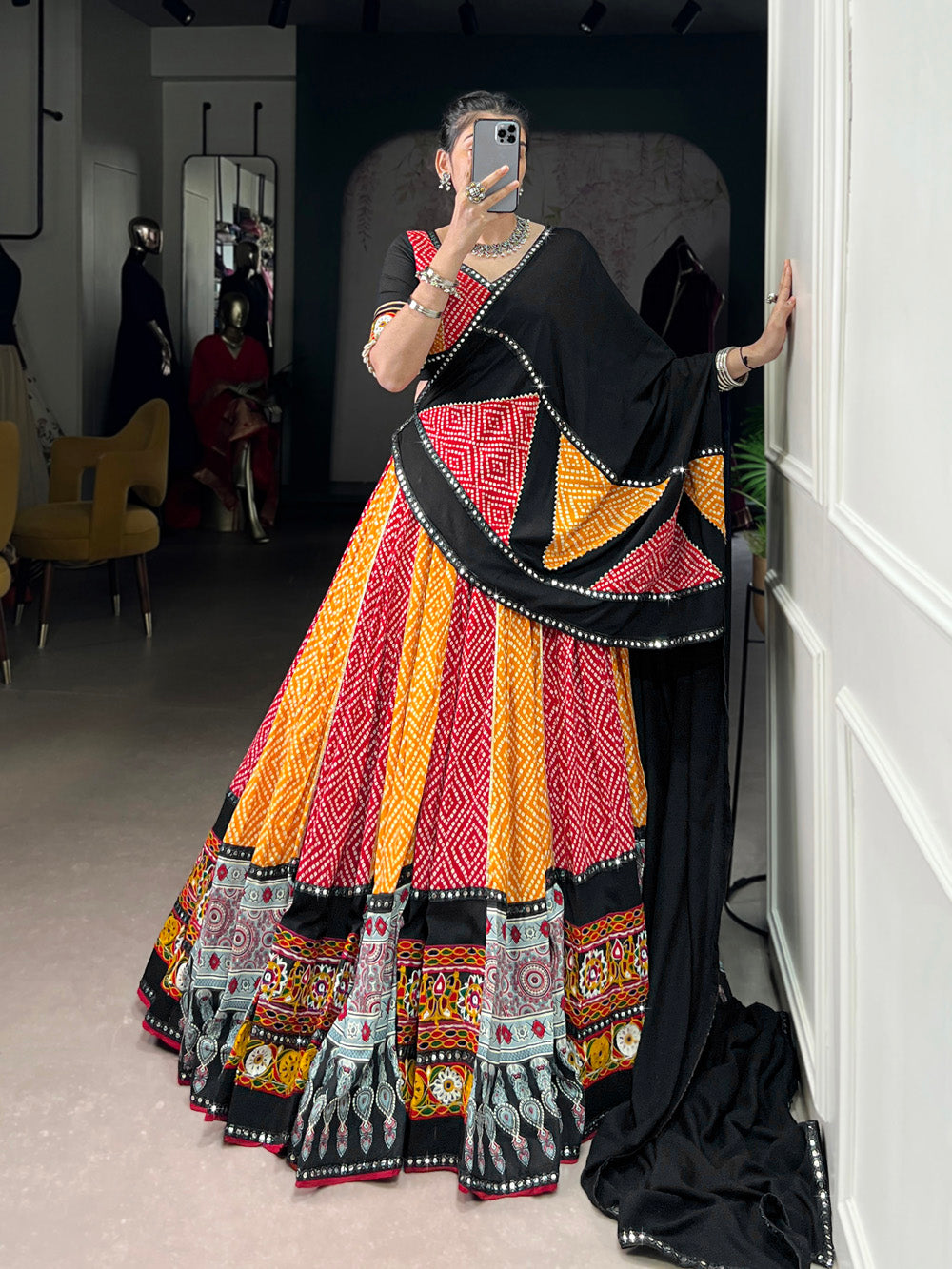 Yellow Color Bandhej And Ajarakh Printed Rayon Chaniya Choli