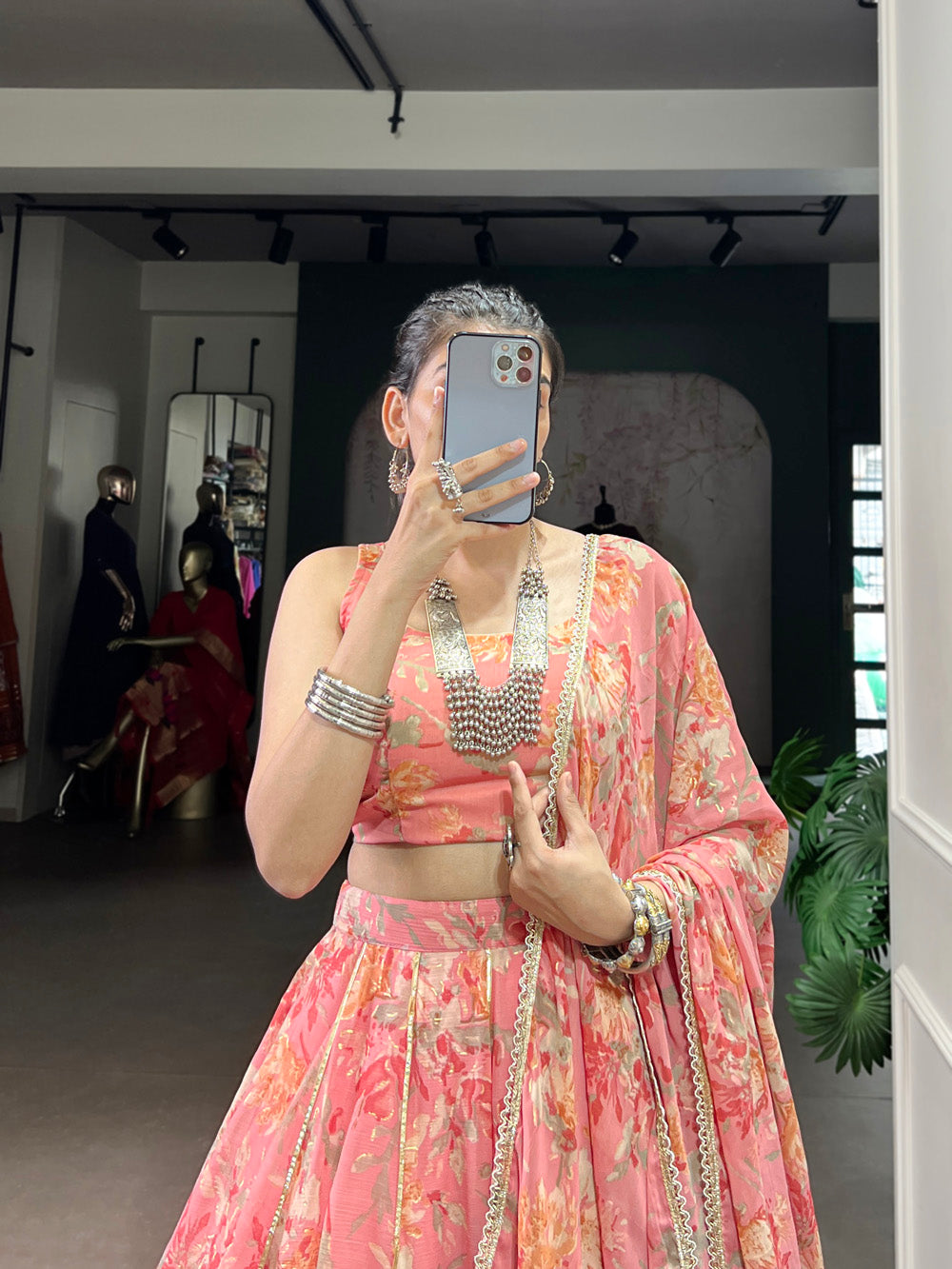 Peach Color Floral And Foil Print With Embossed Design Chiffon Ghaghra choli