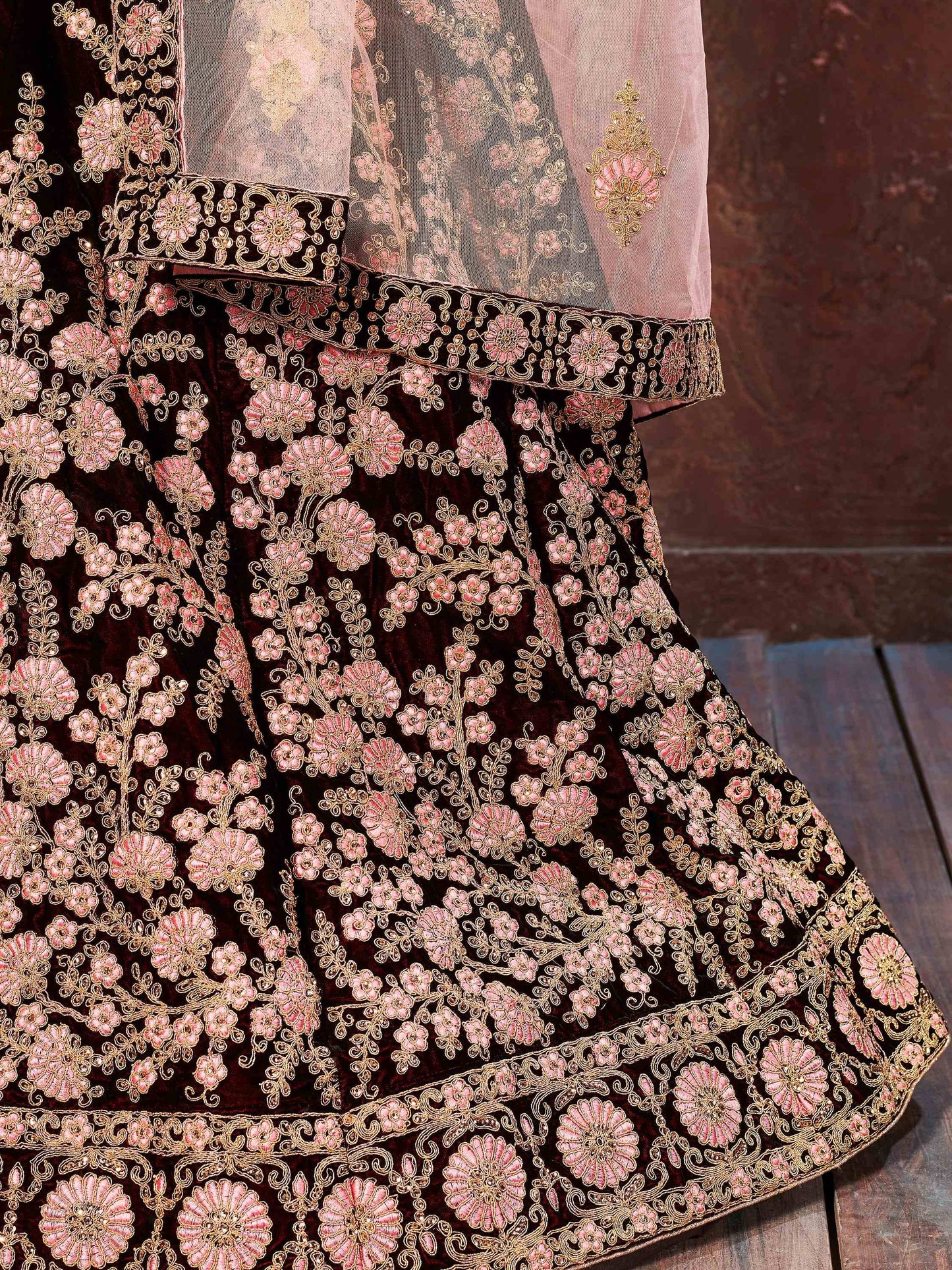 Dark Maroon Thread Embroidery Velvet Silk Bridal Lehenga Choli - Zeel Clothing