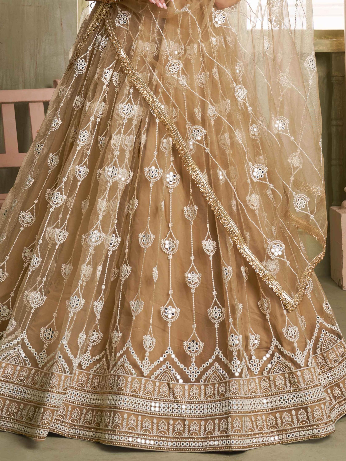 Dazzling Beige Sequins Net Engagement Wear Lehenga Choli - Zeel Clothing