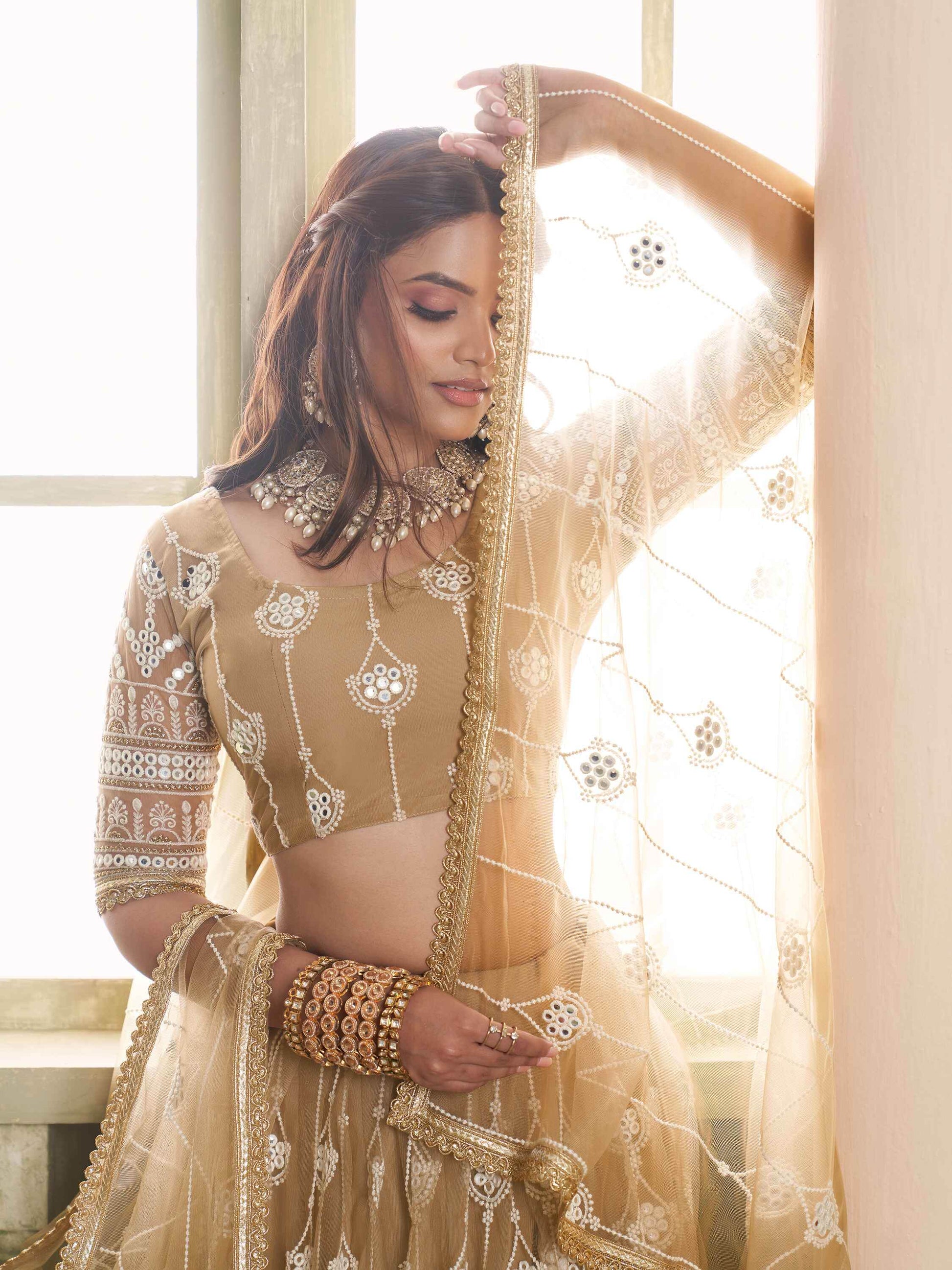 Dazzling Beige Sequins Net Engagement Wear Lehenga Choli - Zeel Clothing
