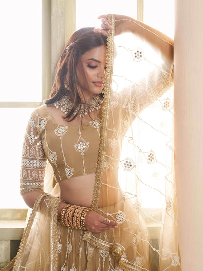 Dazzling Beige Sequins Net Engagement Wear Lehenga Choli - Zeel Clothing