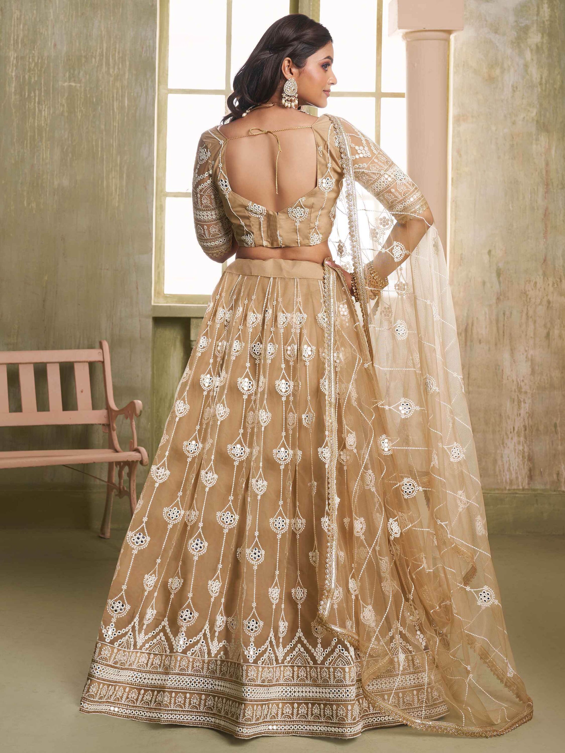 Dazzling Beige Sequins Net Engagement Wear Lehenga Choli - Zeel Clothing