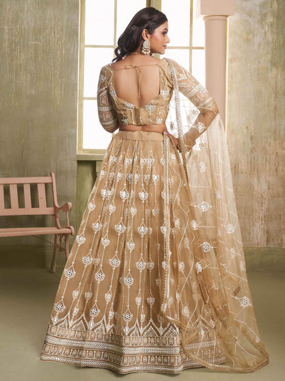 Dazzling Beige Sequins Net Engagement Wear Lehenga Choli - Zeel Clothing