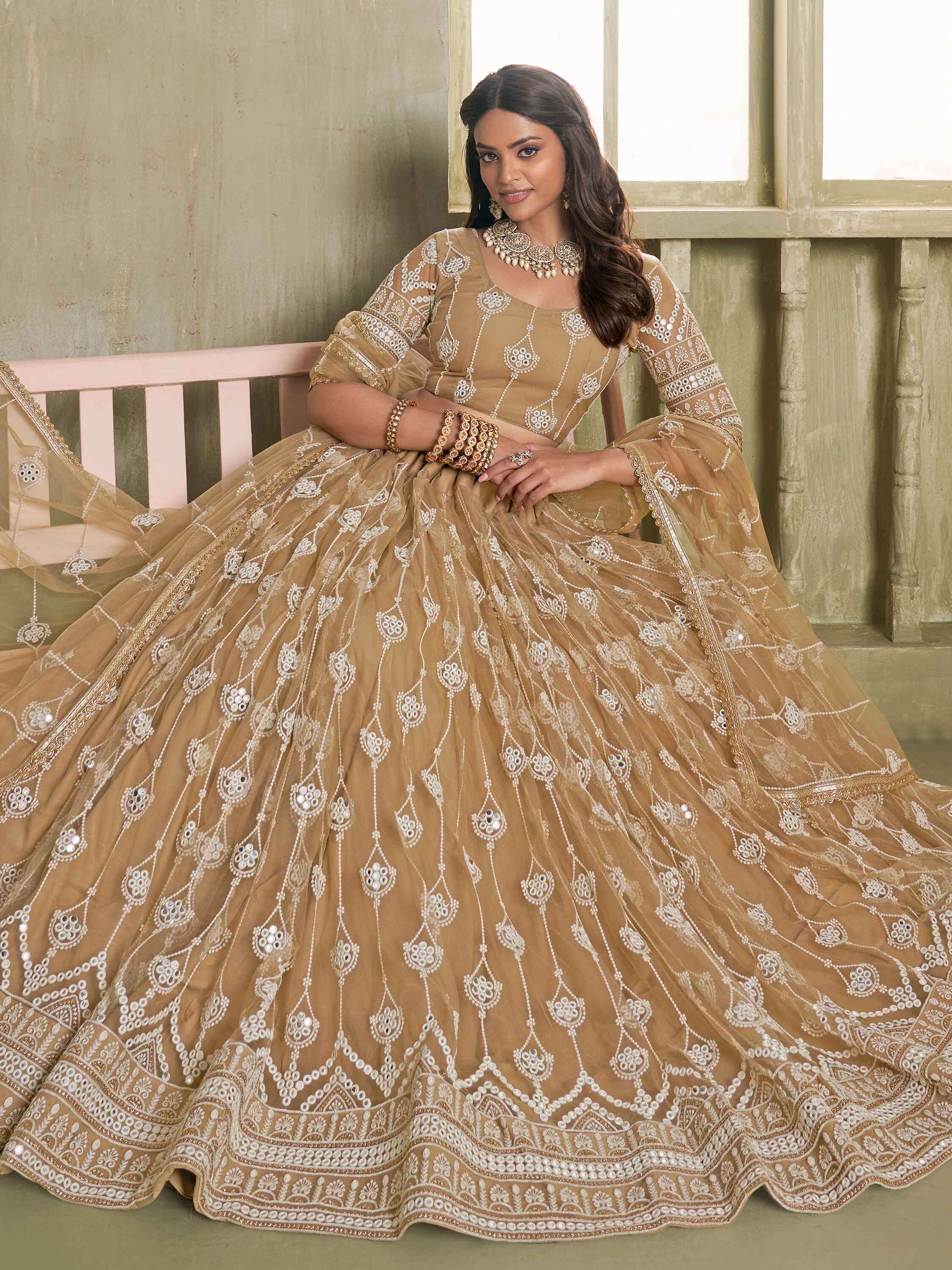 Dazzling Beige Sequins Net Engagement Wear Lehenga Choli - Zeel Clothing