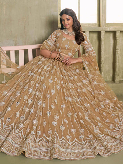 Dazzling Beige Sequins Net Engagement Wear Lehenga Choli - Zeel Clothing