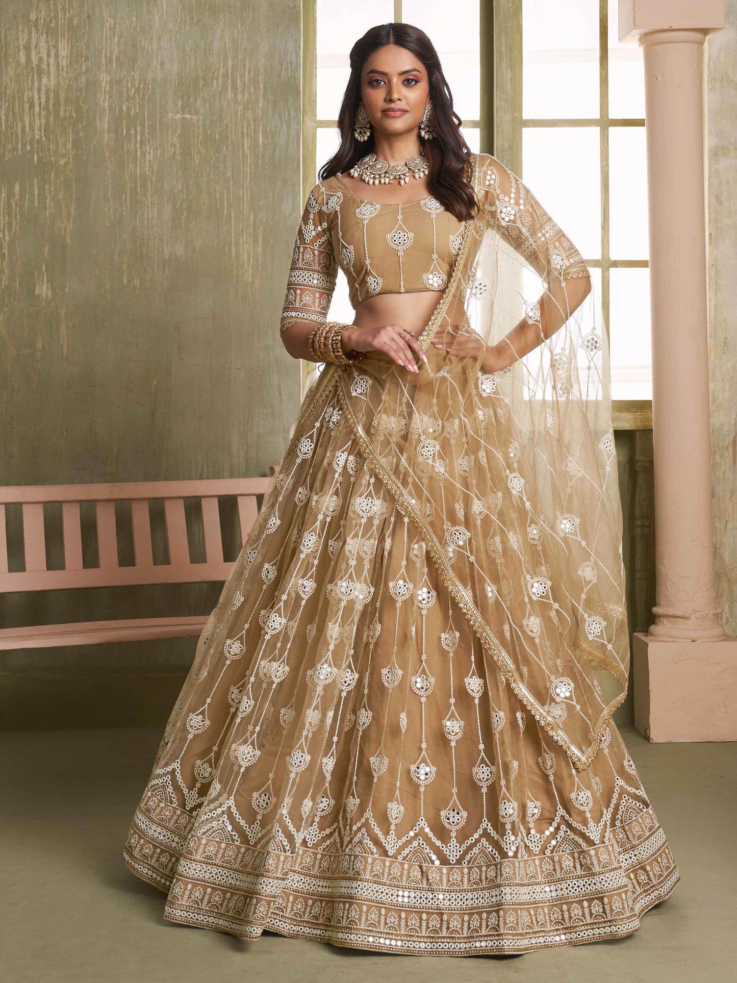 Dazzling Beige Sequins Net Engagement Wear Lehenga Choli - Zeel Clothing