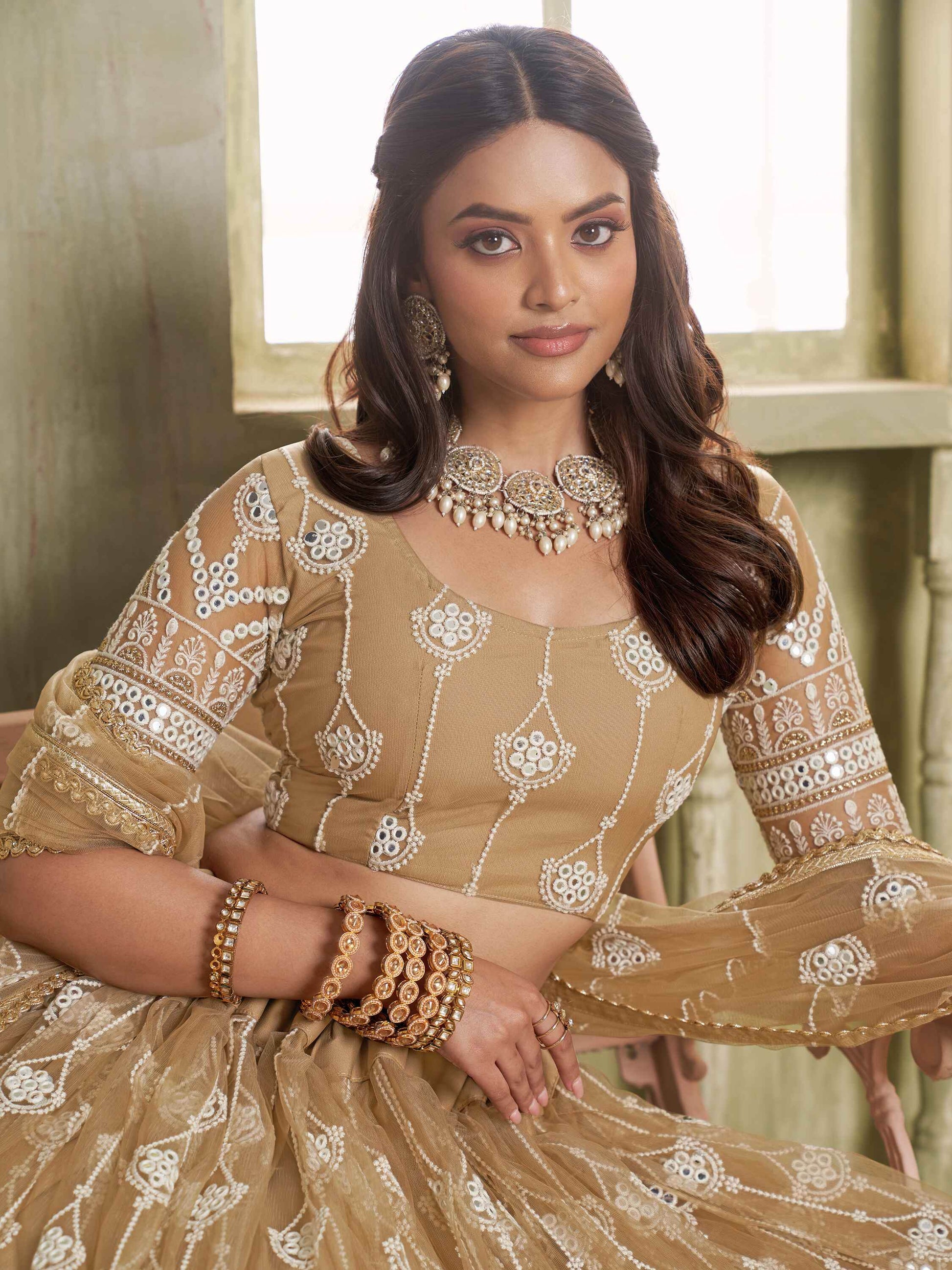 Dazzling Beige Sequins Net Engagement Wear Lehenga Choli - Zeel Clothing